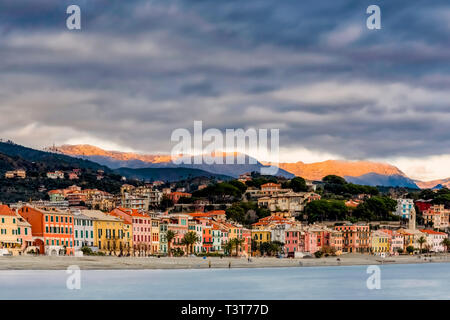Celle Ligure speldido village in the province of Savona, on the western Ligurian coast overlooking the beaches directly on the sea dominated by the Apennine peak of the Beigua Park Stock Photo