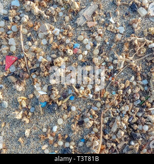 Microplastics found on the shore of a beach in Lanzarote. Sea pollution by plastic, Canary Islands Stock Photo
