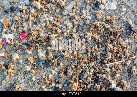 Microplastics found on the shore of a beach in Lanzarote. Sea pollution by plastic, Canary Islands Stock Photo
