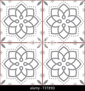 Geometric Azulejo vector tile seamless pattern inspired by Portuguese art, Lisbon style brown tiles background Stock Vector