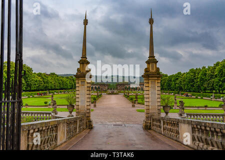 The entrance to the Baroque garden of the Weikersheim Palace, regarded as the most beautiful palace in the Hohenlohe region. The walkway leads to the... Stock Photo
