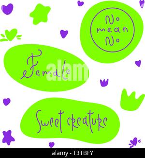 Vector illustration in simple style with hand-lettering phrase female, no means no, sweet creature - stylish print for poster or t-shirt - feminism Stock Vector