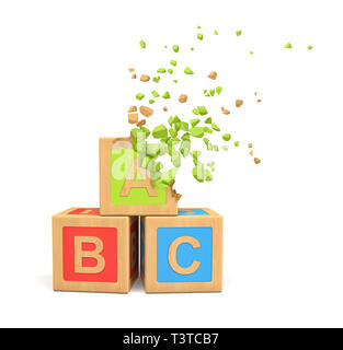 3d rendering of colorful alphabet toy blocks shattering into small pieces isolated on white background Stock Photo