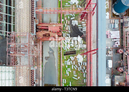 Aerial drone detail of Zollverein big old abandoned industrial complex in Essen, Germany, view from above under. Stock Photo