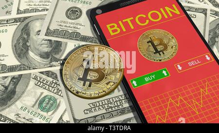 Smartphone with Bitcoin chart and golden bitcoins on 100 dollar bills. Bitcoin trading concept Stock Photo