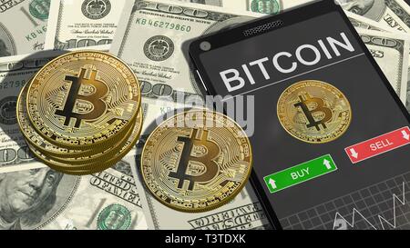 Smartphone with Bitcoin chart and golden bitcoins on 100 dollar bills. Bitcoin trading concept Stock Photo