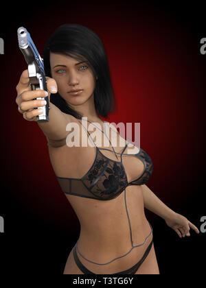 woman with gun sexy young woman or lady in black erotic lingerie