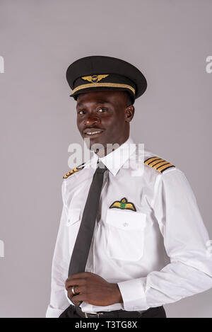 Pilot, smile young, uniform, view camera, sign, show, half portrait ...