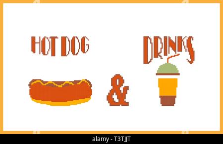 Hot dog and drink. Pixel art style banner. Vector illustration Stock Vector