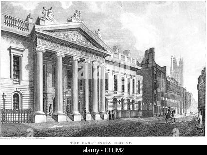 An engraving of The East India House, London UK scanned at high resolution from a book published in 1814. Believed copyright free. Stock Photo
