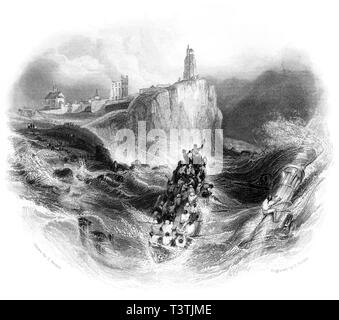 An engraving of Tynemouth Priory and Light House, The Life Boat scanned at high resolution from a book published in 1842.  Believed copyright free. Stock Photo