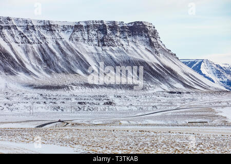 Driving Route 60 north into the Westfjords of Iceland, through winter conditions Stock Photo