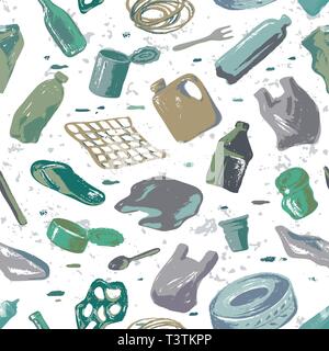 Seamless pattern ocean pollution. Vector illustration Hand drew doodle symbols collection. Stock Vector