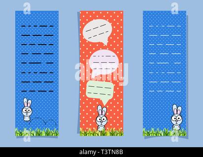 Cute bookmarks with bunny and conversational bubbles. Vertical banners. Orange, blue to white point and place for note. Rabbit jumping on the grass Stock Vector