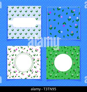 Simple tulips seamless tile and three templates for summer cards, banners, printing on textiles, fabrics. Suitable for perfume packaging. Bright Stock Vector