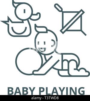 Baby playing,duck, baby, ball, whirligig line icon, vector. Baby playing,duck, baby, ball, whirligig outline sign, concept symbol, flat illustration Stock Vector