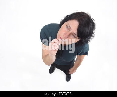 woman having a doubt or question on white background Stock Photo