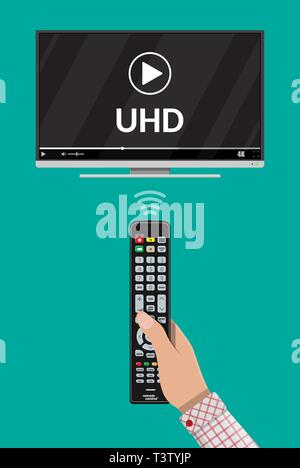 Modern flat screen tv with ultra high definition, 4k screen format. Tv with onine player. Led television display. Hand with remote control. Vector ill Stock Vector