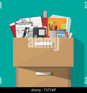 Office furniture. Case, box with folders, document papers, contract, calculator, pen and pencils, eyeglasses, book, ring binder and phone. Cabinet, lo Stock Vector