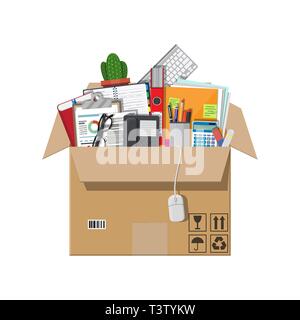 Moving to new office. Cardboard box with folder, document paper, contract, calculator, pen and pencils, eyeglasses, book, ring binder, phone. Keyboard Stock Vector
