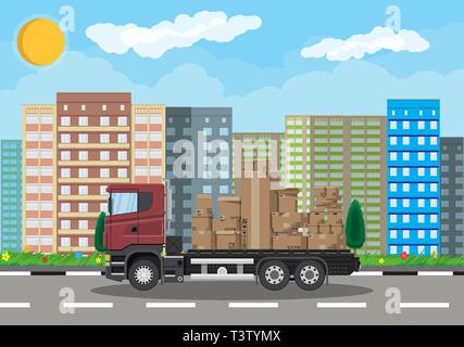 Red delivery truck transporting brown cardboard package. Pile cardboard boxes. Carton delivery packaging open and closed box with fragile signs. Citys Stock Vector