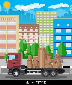 Red delivery truck transporting brown cardboard package. Pile cardboard boxes. Carton delivery packaging open and closed box with fragile signs. Citys Stock Vector