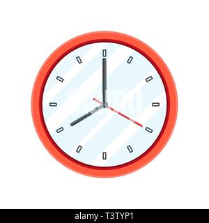 Simple classic red round wall clock. Clocks in flat style. Vector illustration Stock Vector