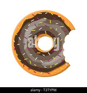 Chocolate donut cake isolated on white background with bite. Doughnut into glaze collection. Sweet sugar icing. Vector illustration in flat style Stock Vector