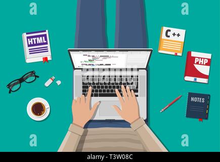 Workplace of freelance programmer or coder. Laptop, books, coffee, glasses. Software coding, programming languages, testing, debugging, web site, sear Stock Vector