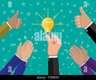 Businessman hand holding idea bulb and another hands hold thumbs up. Human hands clapping. Concept of creative idea or inspiration. Glass bulb with sp Stock Vector