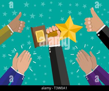 Businessman holding star trophy cup. Human hands clapping. Applaud hands and hold thumbs up. Vector illustration in flat style Stock Vector