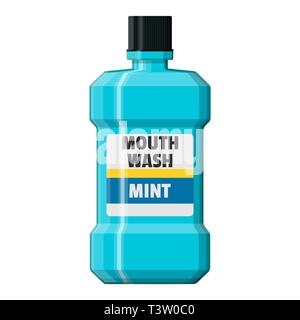 Mouthwash plastic bottle. Mint liquid for rinsing mouth. Oralcare equipment. Vector illustration in flat style Stock Vector