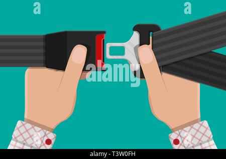 Safety belt in hand. Seat belt for protection. Lifesaver. Safety equipment for car and plane. Vector illustration in flat style Stock Vector