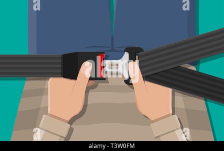 Safety belt in hand. Seat belt for protection. Lifesaver. Safety equipment for car and plane. Vector illustration in flat style Stock Vector