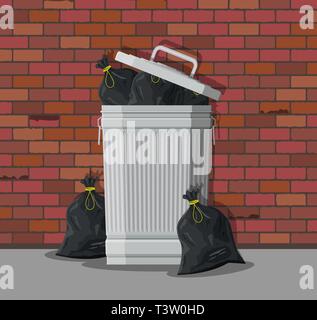 Huge waste trash can on street. Bin full of plastic bags with garbage. Metal bucket. Garbage recycling and utilization equipment. Waste management. Ve Stock Vector
