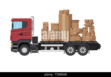 Red delivery truck transporting brown cardboard package. Pile cardboard boxes. Carton delivery packaging open and closed box with fragile signs. Vecto Stock Vector
