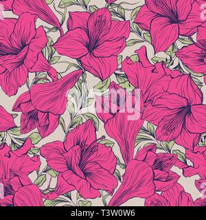 Amaryllis hand drawn floral pattern, tropical flower vector seamless illustration. Hippeastrum ink pen sketch. Outline freehand drawing. Blooming, blossom. Wallpaper or wedding design Stock Vector