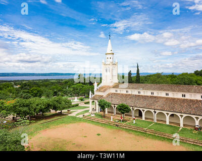 Aerial view of the catholic church 'Iglesia Virgen de la Candelaria' of Aregua in Paraguay overlooking Lake Ypacarai Stock Photo