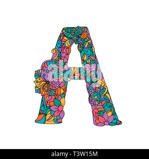 Floral A letter color contour illustration. First alphabet symbol with leaves, flowers doodle drawing. Multicolor psychedelic blossom in retro style. Monogram with batik texture. Fantasy garden effect Stock Vector