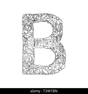 Floral D letter contour illustration. Alphabet symbol with leaves ...