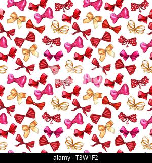Bow hand drawn vector seamless pattern. Golden gradient, red, pink ribbon knots illustration. Gift bowknots drawing. Isolated color hair accessories clipart. Holiday wrapping paper, textile design Stock Vector