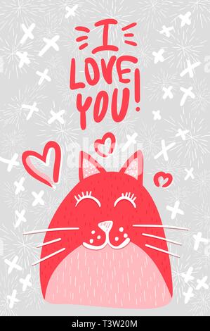 Cute cat I love you lettering and vector color character. Scandinavian style hand drawn illustration. Domestic animal drawing. Valentine s day, greeting card design element, poster, t-shirt design Stock Vector
