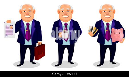 Cheerful fat business man, set of three poses. Businessman cartoon character holds document and briefcase, holds coffee and holds piggy bank and credi Stock Vector