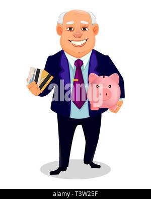 Cheerful fat business man. Businessman cartoon character holds piggy bank and credit cards. Vector illustration. Stock Vector