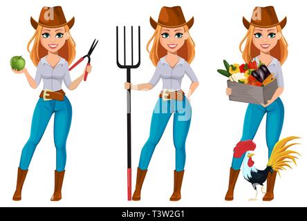 Young pretty farmer woman in cowboy hat. Cheerful gardener woman cartoon character holding secateurs and apple, holding pitchfork and holding vegetabl Stock Vector