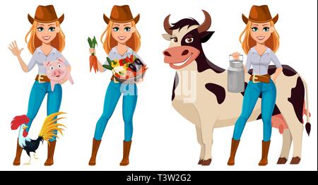 Young pretty farmer woman in cowboy hat. Cheerful gardener woman cartoon character standing with farm animals and holding vegetables. Vector illustrat Stock Vector