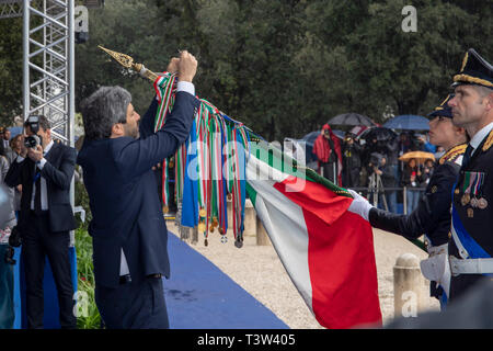 Rome, Italy - April 10, 2019: The president of the Chamber of Deputies Roberto Fico honors the Italian flag during the celebrations for the 167th anni Stock Photo