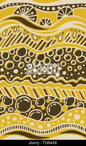 Color abstract hand drawn texture. Retro background with wavy lines, drops, bubbles and circles. Tribal, ethnic poster, african print. Decorative backdrop in yellow, khaki colors. Vector illustration Stock Vector
