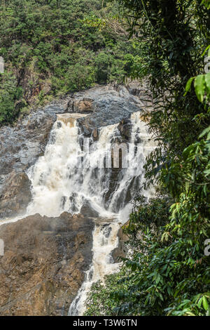 Cairns, Australia - February 18, 2019: Closeup of Barron falls and white rapids in Kuranda green Rain Forest. Stock Photo