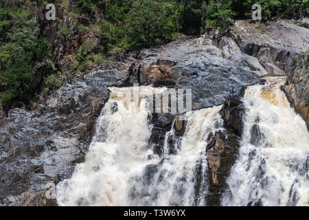 Cairns, Australia - February 18, 2019: Closeup of Barron falls and white rapids in Kuranda green Rain Forest. Stock Photo